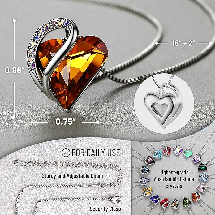 Necklaces for Women, Infinity Love Birthstone Heart Crystal Pendant, Birthday Jewelry Gifts for Her, Mom, and Wife, Silver Plated, 18 plus 2 inch Adjustable Chain