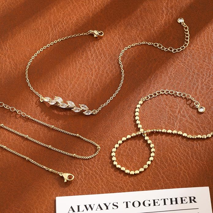 Ankle Bracelets for Women 14K Real Gold Silver Plated Ankle Bracelets Waterproof Heart Beads Rope Satellite Anklets Set Adjustable Layered Anklet Bracelets No Tarnish Summer Beach Jewelry Gift