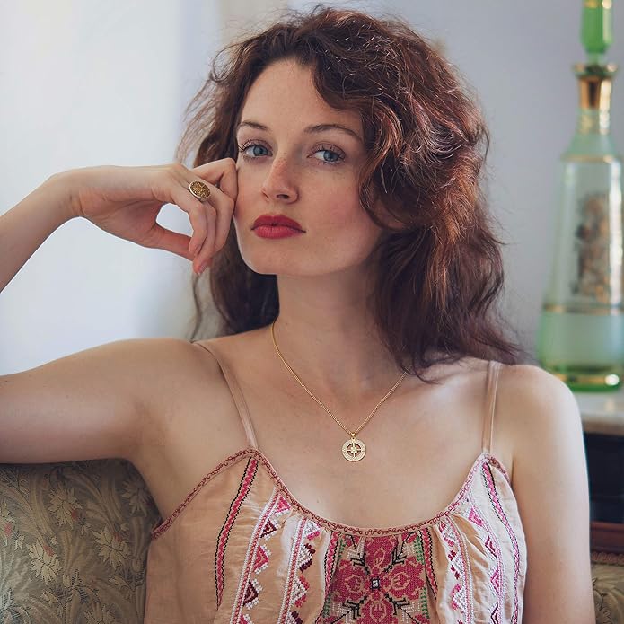 18k Gold Chain Link Necklace for Women, Baroque Pearl/Compass Pendant Necklace