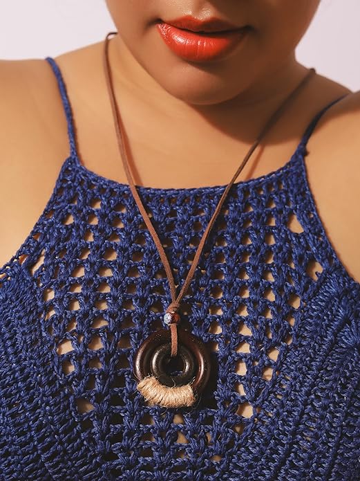 MINACHI Ethnic Boho Chic Double Wooden Ring Circle Necklace, Vintage Bohemian Summer Statement Jewelry Gift for Women