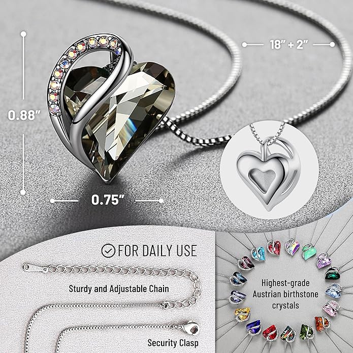Necklaces for Women, Infinity Love Birthstone Heart Crystal Pendant, Birthday Jewelry Gifts for Her, Mom, and Wife, Silver Plated, 18 plus 2 inch Adjustable Chain