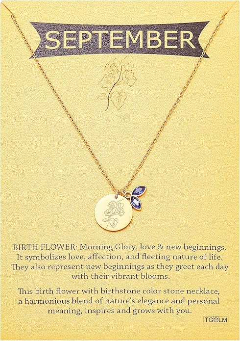 14k Gold Plated Birth Month Flower Birthstone Pendant Necklace, Floral Charm Necklace for Women Birthday Gift