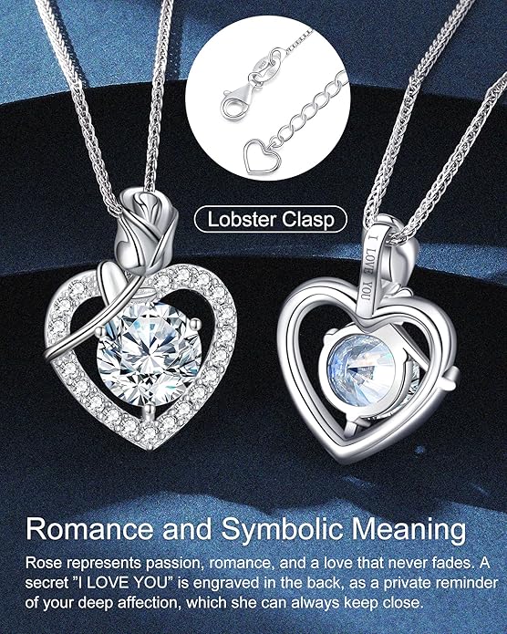 Rose Heart Pendant Necklace Gifts for Wife, 2-4 Carat Moissanite Heart Necklace Engraved with 'I LOVE YOU', Ideal Anniversary Present or Birthday Jewelry Gifts for Mom Wife Her Girlfriend