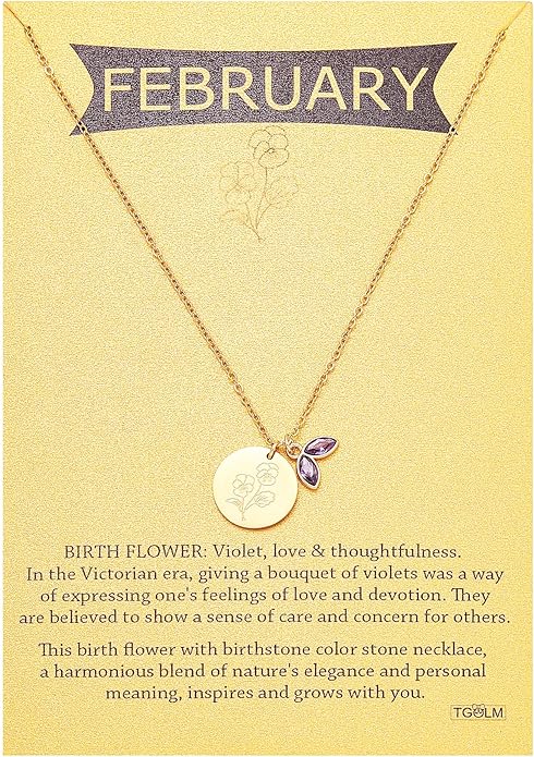 14k Gold Plated Birth Month Flower Birthstone Pendant Necklace, Floral Charm Necklace for Women Birthday Gift