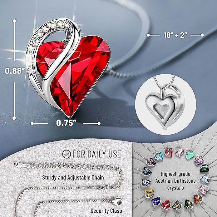 Necklaces for Women, Infinity Love Birthstone Heart Crystal Pendant, Birthday Jewelry Gifts for Her, Mom, and Wife, Silver Plated, 18 plus 2 inch Adjustable Chain
