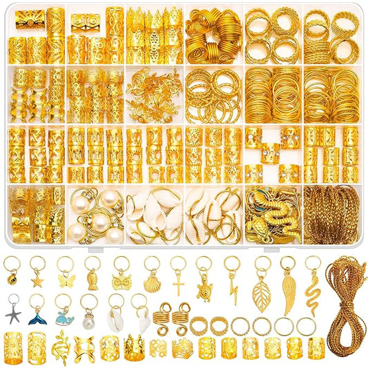 285PCS Gold Hair Jewelry for Braids, Gold Dreadlock Hair Accessories with Pendants Charms, Loc Jewelry for Hair Dreadlocks Rings Cuff Clips Charms for Braid Decoration