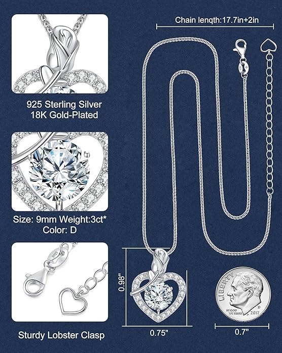 Rose Heart Pendant Necklace Gifts for Wife, 2-4 Carat Moissanite Heart Necklace Engraved with 'I LOVE YOU', Ideal Anniversary Present or Birthday Jewelry Gifts for Mom Wife Her Girlfriend