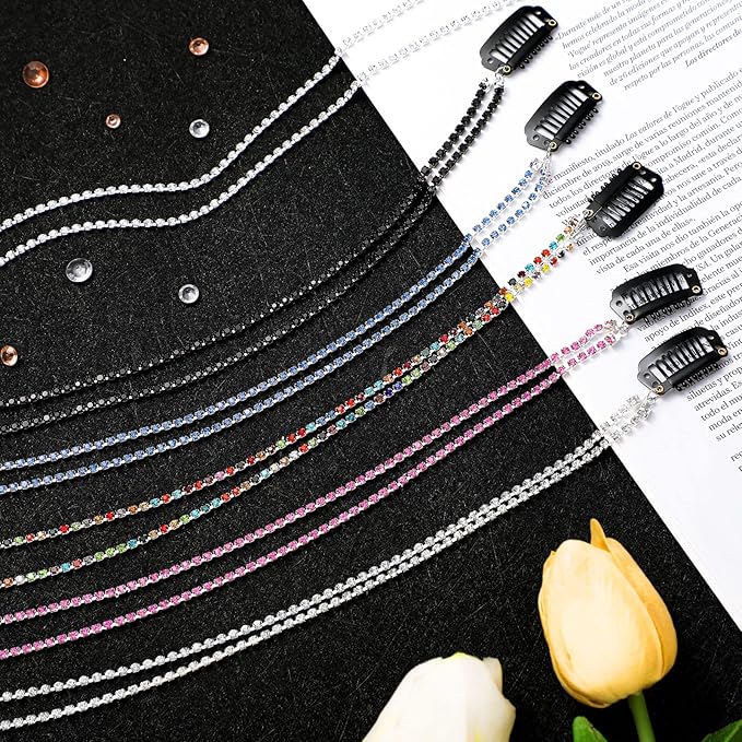 Chunyin 6 Pcs Rhinestone Hair Chains for Women Pearl Charm Rhinestone Hair Jewelry Accessories Crystal Extensions Clips Silver Gold Pins for Braids(Shiny Multi Color)