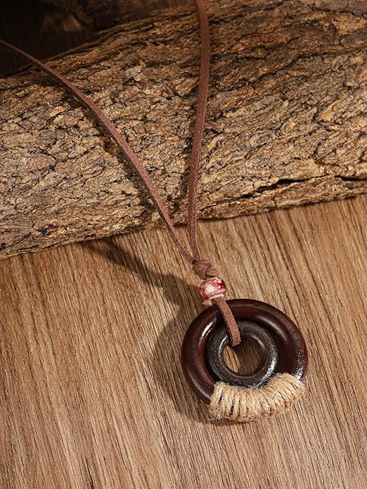 MINACHI Ethnic Boho Chic Double Wooden Ring Circle Necklace, Vintage Bohemian Summer Statement Jewelry Gift for Women