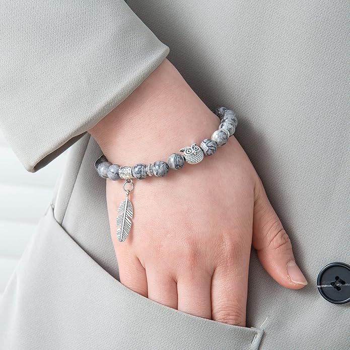 Softones 8mm Beads Owl Bracelets for Women Handmade Natural Stone Owl Gifts for Women Crystals Bracelet for Women Men Spiritual Energy Bracelet